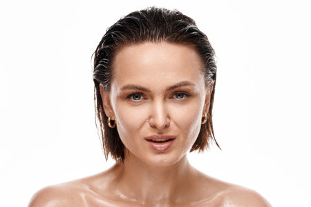 Beautiful headshot of white woman with wet clean fresh natural skin and hair posing isolated on white isolated background. Skincare conceptの写真素材