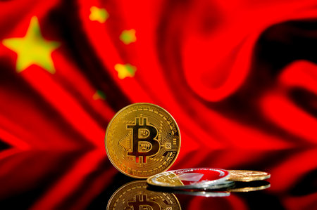 Golden Bitcoin and Ethereum coin virtual money on the Chinese flag background. Blockchain Technology in Chinaの写真素材