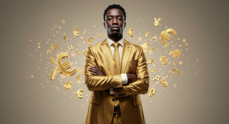 Stylish man with arms crossed in a gold suit stands confidently amidst a dynamic swirl of illuminated currency symbols, emphasizing wealth, power, and financial successの素材