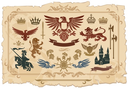 Heraldic set of lions, eagles, crowns and shields drawingsのイラスト素材