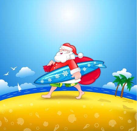 Walking Santa with surfboardのイラスト素材