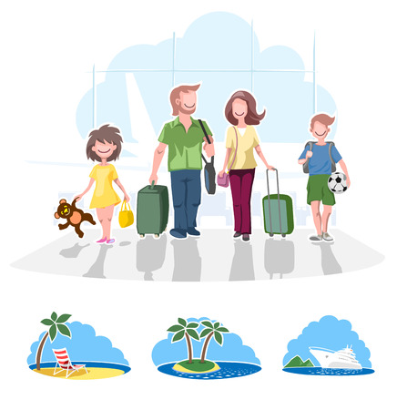An illustration of a happy family with suitcases at an airport going on a summer vacationのイラスト素材