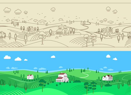 Two seamless farm  landscape - black and white, color. EPS 8 versionのイラスト素材