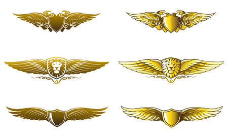 Set of golden illustrated insignias with lion head and shieldのイラスト素材