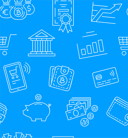 Finance Icons Pattern Showing Various Types of Banking Isolated on Blueのイラスト素材