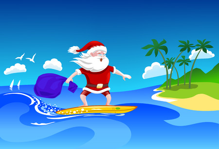 Santa Clause on Beach Vacation on Surfing Boardのイラスト素材