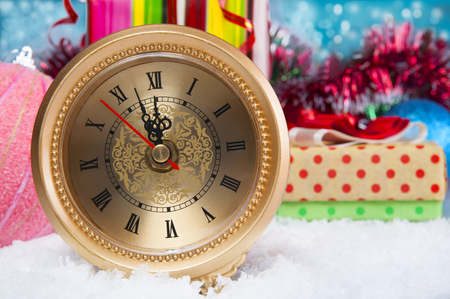 Christmas background with a blue ornament, gift box,  snowの写真素材