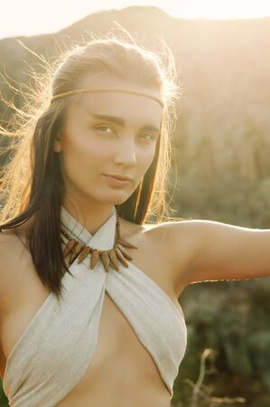 Woman warrior. Amazon women. Wild warrioress. Tribal peopleの写真素材