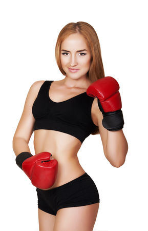 Fighter girl concept. Girl boxer. Making sportの写真素材