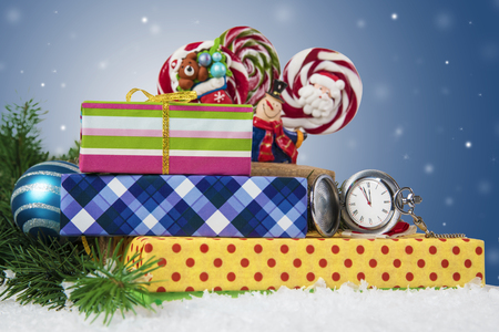 Christmas holidays photo with gifts. Christmas concept. Five minutes to celebrationの写真素材