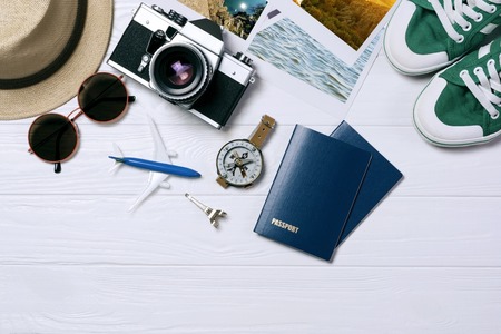 Travel concept background, Travel items on white wooden background