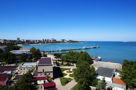 Panorama of the resort of Gelendzhik, the Black sea. Gelendzhik Bay. sea pier with standing pleasure...