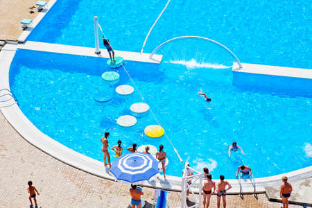 Gelendzhik, Russia-June 6, 2018: Zolotaya Bukhta water Park in the resort of Gelendzhik, Black sea. Water slides, rides and entertainment.のeditorial素材