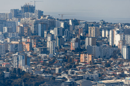 A cityscape with tall buildings and a blue sky. The city is bustling with activity and the buildings...