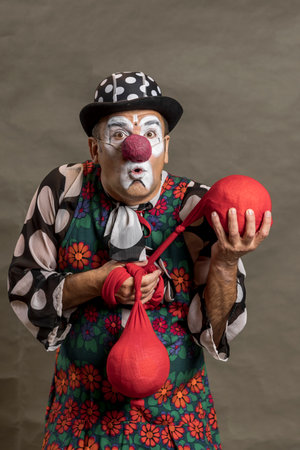 Portrait of a cunning clown from the waist up. A clown in a black hat with white polka dots and a colorful vest looks suspiciously and holds incomprehensible red balls in his hands. Photo on a gray backgroundの写真素材