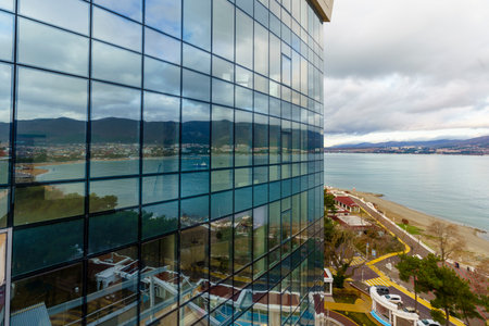Panorama of Gelendzhik resort. Elendzhik Bay and Caucasus Mountains. In foreground of residential...