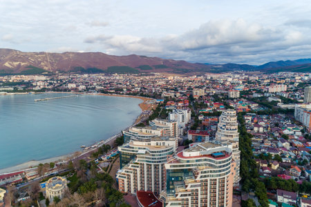 Panorama of Gelendzhik resort. Elendzhik Bay and Caucasus Mountains. In foreground of residential complex "Aquatoria"の写真素材