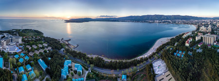 Gelendzhik resort at sunset. Panorama of Gelendzhik Bay from bird's eye view. Sunset. Caucasus...