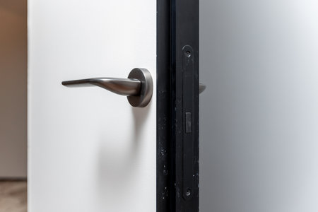 A silver door handle is shown in a mirror. The handle is turned to the right, and the door is open....