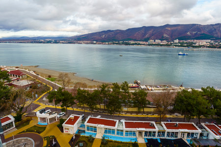 Panorama of Gelendzhik resort. Gelendzhik Bay and Caucasus Mountains. In foreground of residential complex "Gardens of the Seas"の写真素材