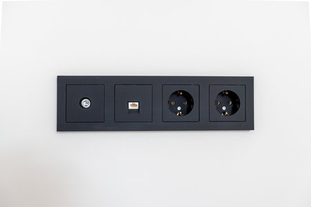 A black electrical box with four outlets. The box is on a white wall
