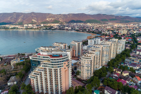 Panorama of Gelendzhik resort. Elendzhik Bay and Caucasus Mountains. In foreground of residential...