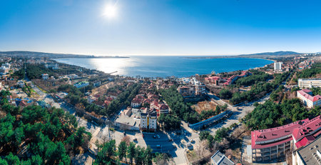 Panorama of Gelendzhik resort on sunny day. In center Gelendzhik Bay