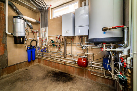 A room with pipes and valves, and a black tank with a red sticker on it. The room is likely a plumbing or heating systemの写真素材