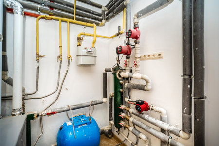 Pipes and meters in home boiler room are neatly mounted along walls.. The room is dimly litの写真素材