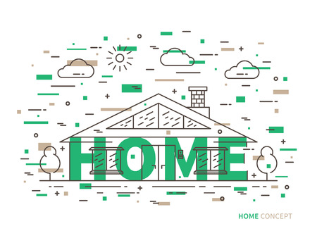 Linear house cottage, mansion flat illustration in modern minimal outline style. Graphic design residential house with word House. Real estate house for rent, property contour creative concept.のイラスト素材