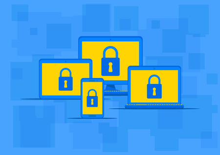 Electronic devices antivirus protection vector illustration. Electronic gadgets with lock sign on...