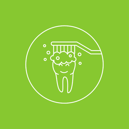 Dental tooth cleaning washing linear vector illustration. Dental tooth care technology creative concept. Healthy tooth hygiene, toothbrush, toothpaste. Clean tooth protection graphic design.のイラスト素材