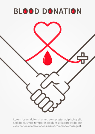 Blood Donation Handshake vector illustration with red heart and sample text. Blood Donation poster with handshake and red outline heart,and the red line connecting hands.のイラスト素材