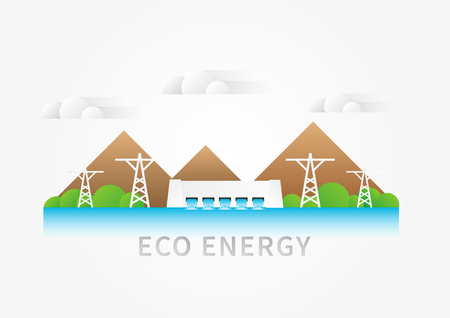 Hydroelectricity dam landscape vector illustration. Hydro powerhouse, water electricity supply concept. Eco energy graphic design with renewable electricity sources hydro electric station.のイラスト素材