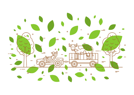 Farmer carries cow with tractor vector illustration.のイラスト素材