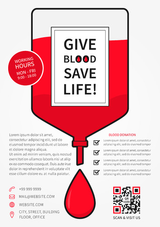Blood Donation vector illustration with medicine dropper. Creative poster with red dropper, sample text, information and sample qr code.のイラスト素材