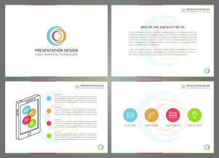 Presentation vector layout for corporate documents, annual report, business proposal, book cover. Modern appearance presentation design with infographic elements. Horizontal presentation slides with bars, charts, diagrams, graphs. A4 page, easy to edit.のイラスト素材