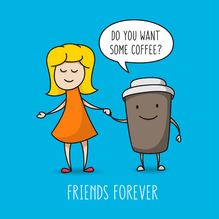 Girl and coffee cup vector illustration on blue background.のイラスト素材