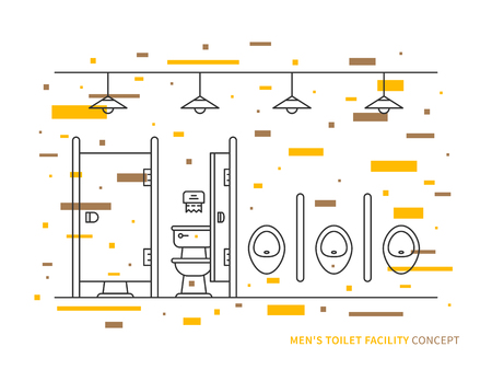 Washroom with urinals and closet basin for men vector illustration. Public toilet line art concept. Male restroom outline graphic design.のイラスト素材