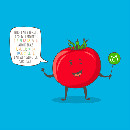 Tomato cartoon character vector illustration. Organic vegetable with text about vitamins and minerals graphic design. Healthy natural food for your health creative concept. Cartoon tomato for kids education.のイラスト素材