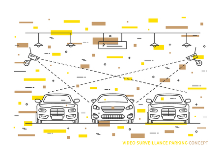 Video surveillance parking vector concept with decorative colorful elements. Security camera in indoor parking lot car creative concept.のイラスト素材