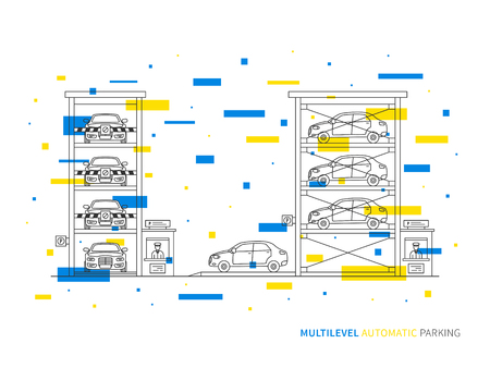 Multilevel parking terminal, slot, transportation linear vector illustration. Multilevel parking building creative graphic concept. Multilevel parking graphic design.のイラスト素材