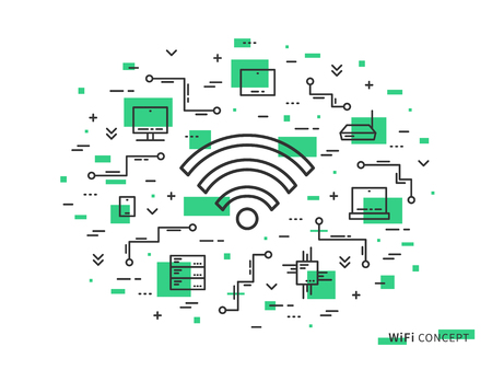 Wifi linear vector illustration. Creative flat concept wifi, servers, laptop, computer, tablet, phone. Graphic design online free.のイラスト素材