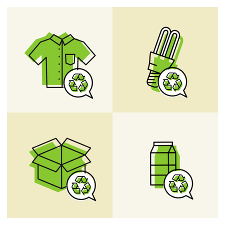 Goods with recyclable signs vector illustration. Clothes, energy-saving lamp, package box, cardboard package elements with recyclable labels.のイラスト素材