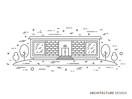 Linear flat architecture landscape design illustration of modern designer brick house, mansion, homestead with windows, trees. Outline vector graphic concept of architecture landscape designのイラスト素材