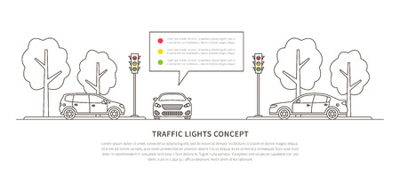Traffic lights vector illustration. Street semaphores with cars creative line art concept. Electric stoplights, traffic lamps graphic design.のイラスト素材