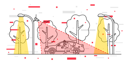Car video surveillance vector illustration with decorative elements. Outdoor camera control creative concept. Car thief detection graphic design.のイラスト素材