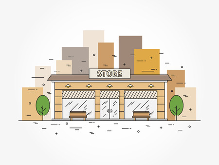 Store architecture linear vector illustration. Commercial building architecture line art concept. Exterior business building outline graphic design.のイラスト素材