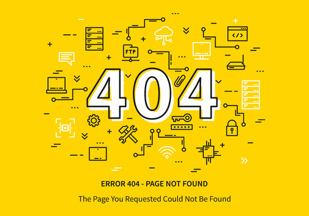 Error 404 page with datacenter, server elements vector illustration on yellow background. Broken web page graphic design. Error 404 page not found creative template.のイラスト素材