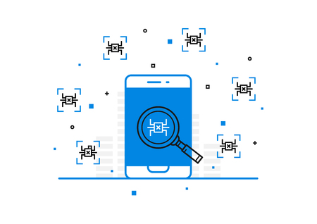 Mobile phone virus scanning vector illustration. Computer bug search process on smartphone line art.のイラスト素材
